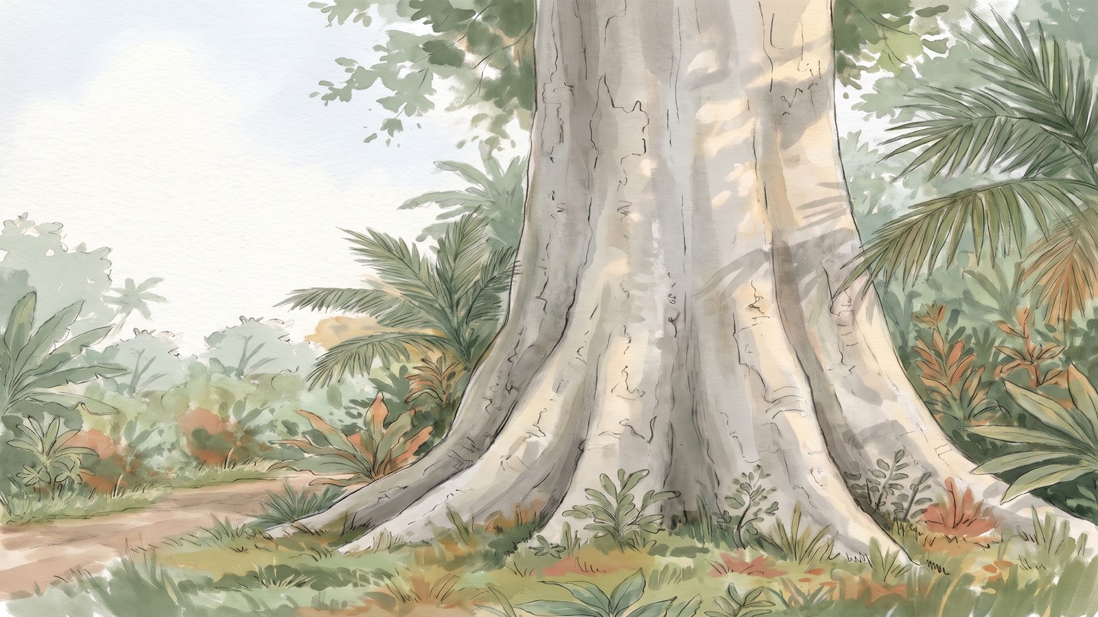 Painterly illustration inspired by the Yang Na Yai Tree, with its immense pale trunk, flared base and tropical greenery.